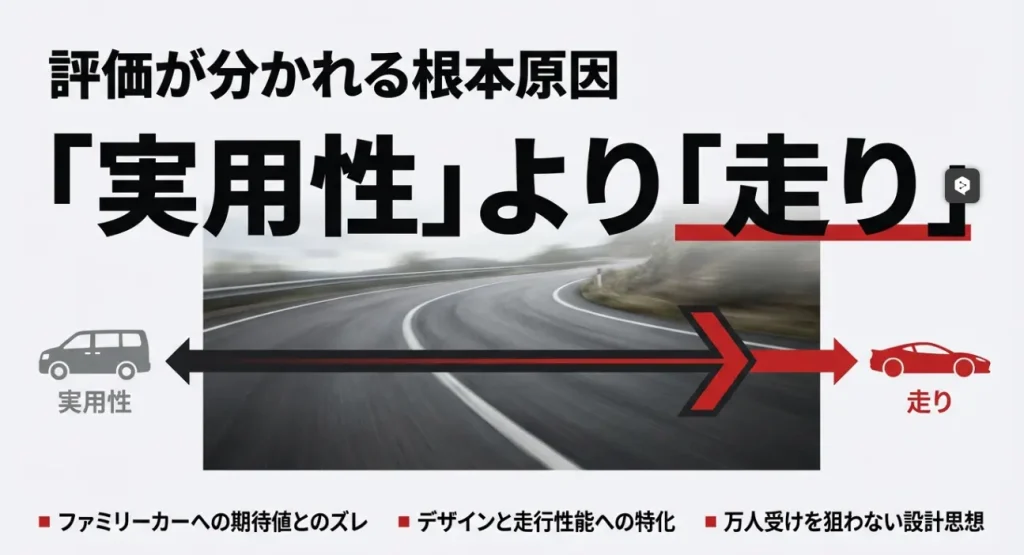 カローラスポーツの評価が実用性より走りに特化している設計思想を解説した図解