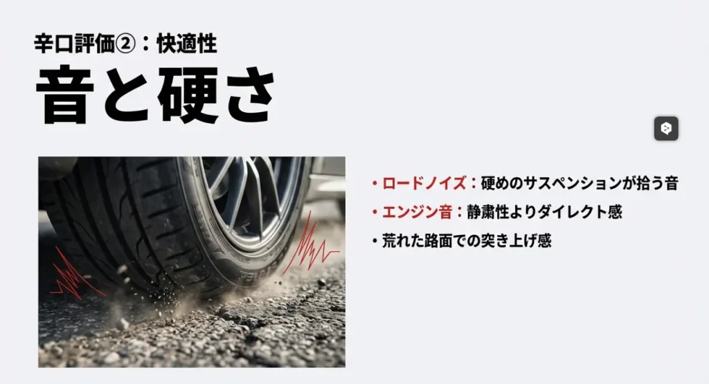 硬めのサスペンションによるロードノイズや荒れた路面での突き上げ感を説明するスライド