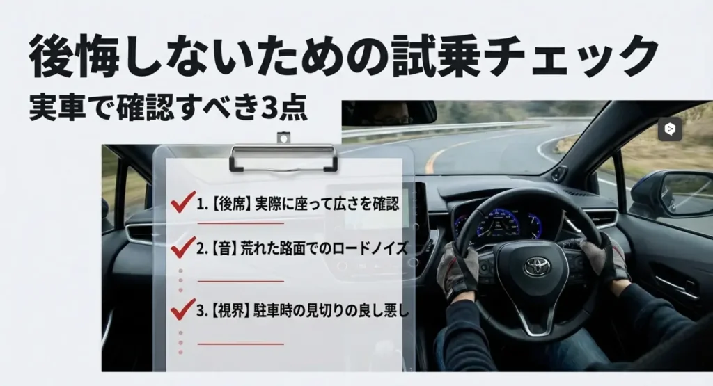 後席の広さ、ロードノイズ、駐車時の視界を実車で試乗チェックするよう促すスライド