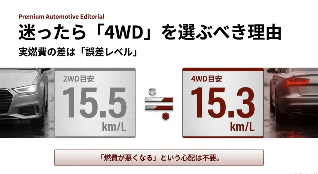 フロンクスの2WD(15.5km/L)と4WD(15.3km/L)の実燃費目安比較。駆動方式による燃費差が少ないことを示す