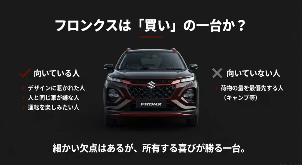 まとめ:フロンクスが向いている人と向いていない人の特徴。所有する喜びを重視する人への推奨