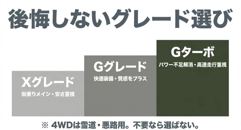 安さ重視のX、快適装備のG、高速走行向けのGターボなど、グレード選びのポイント 