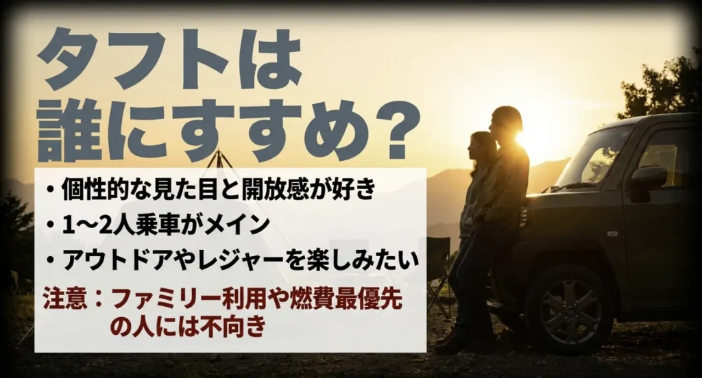 個性的な見た目が好きで1～2人乗車がメインの人など、おすすめできる人と不向きな人 。