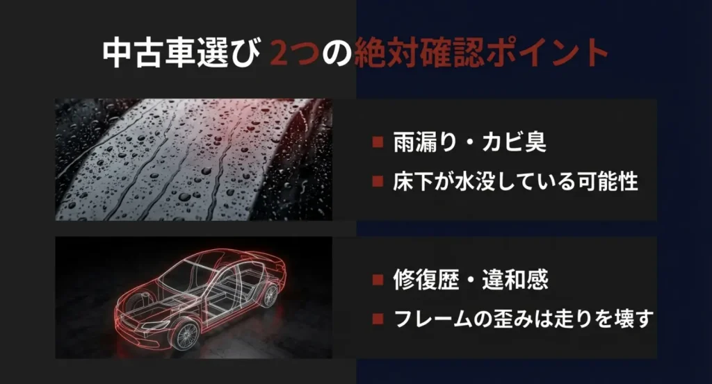 ロードスター中古車選びの2大チェックポイント：雨漏りによるカビ臭とフレーム歪みなどの修復歴