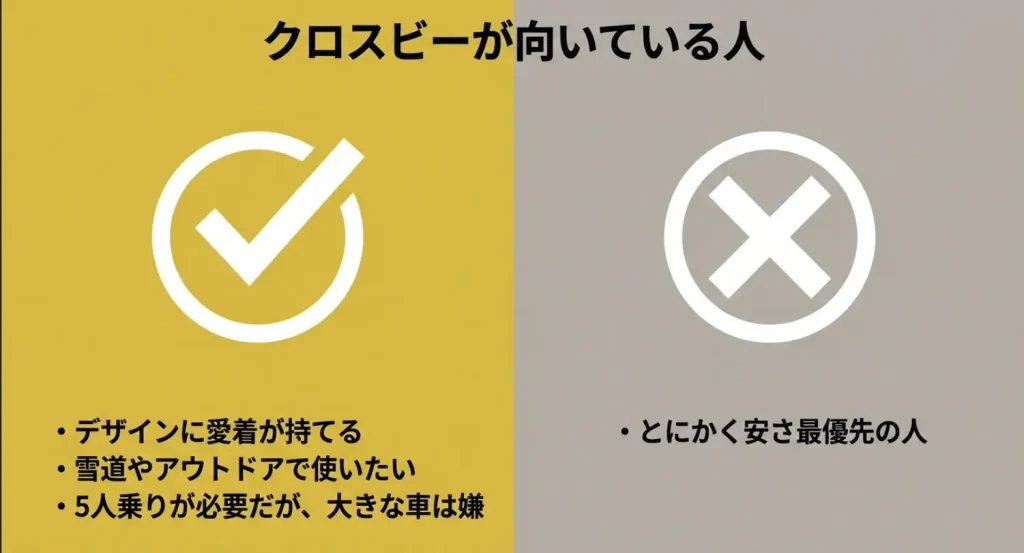 クロスビーが向いている人、向いていない人の特徴をまとめたチェックリスト（デザイン重視、雪道利用など）
