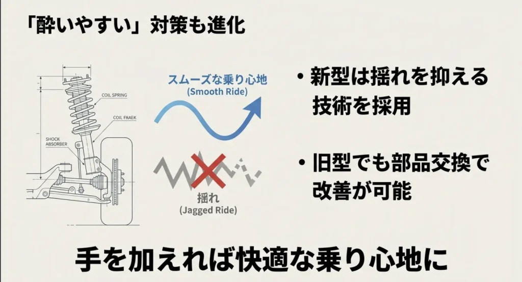 ショックアブソーバーの構造図と、スムーズな乗り心地と揺れ（Jagged Ride）の違いを示した図解