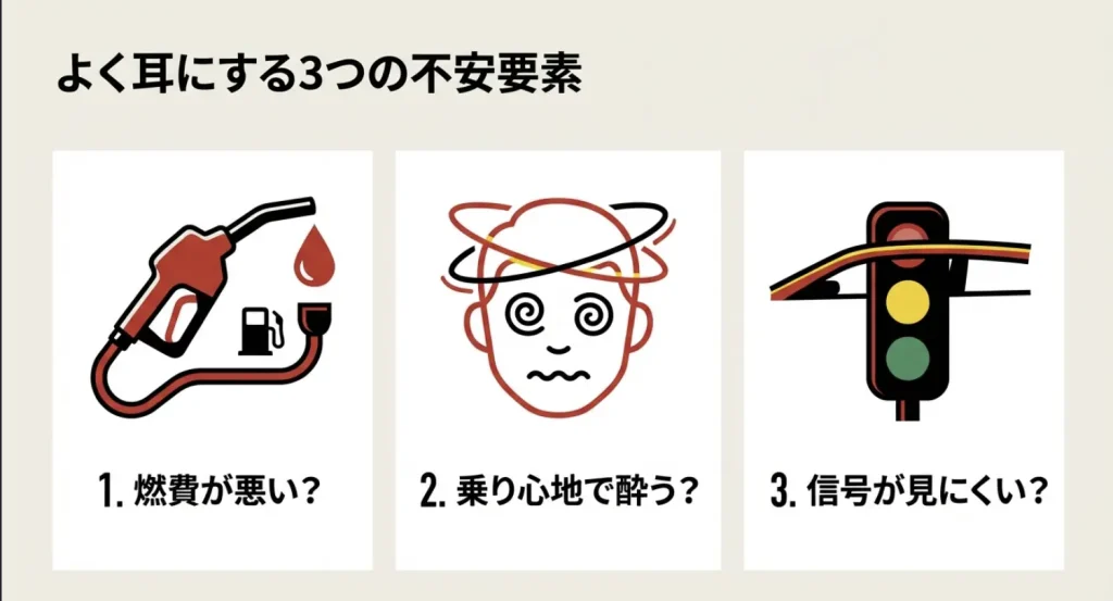 クロスビーによくある3つの不安要素（燃費が悪い、乗り心地で酔う、信号が見にくい）のイラスト解説