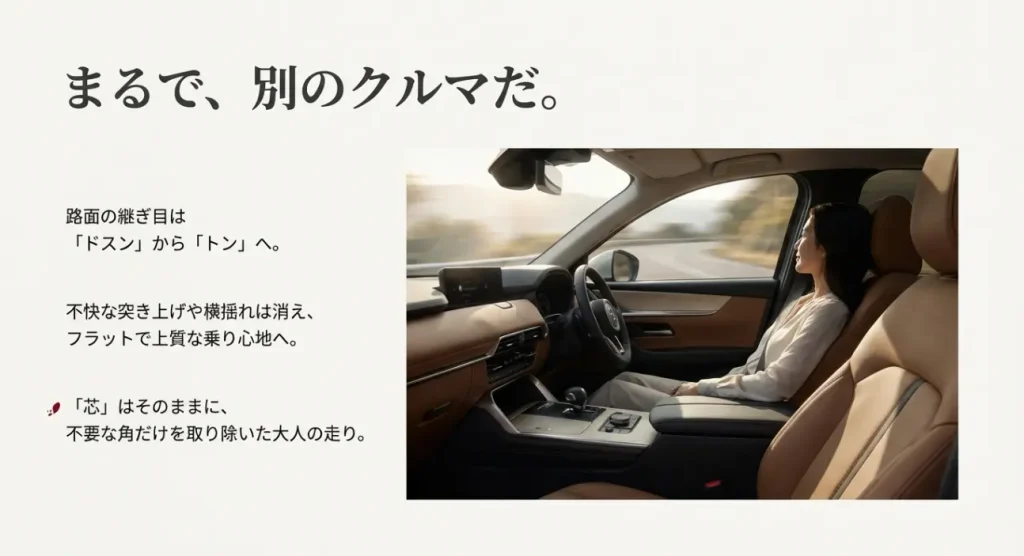 CX-60を運転する女性の様子。突き上げや横揺れが消え、フラットで上質な乗り心地に進化したことを示すイメージ