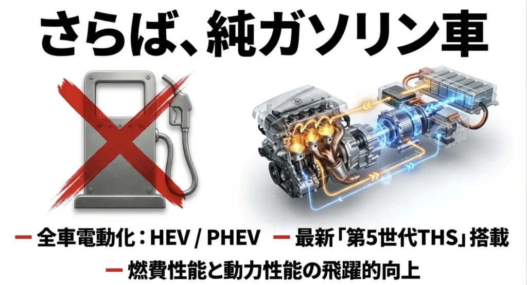 給油ノズルに禁止マークがついたイラストと、トヨタのハイブリッドシステム(THS)の透視図。「さらば、純ガソリン車」というキャッチコピー。