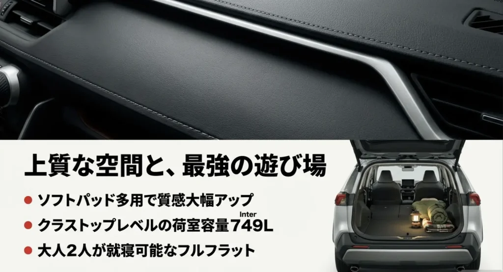 「上質な空間と、最強の遊び場」というタイトル。ソフトパッド多用による質感アップと、749Lの荷室容量についての記述。