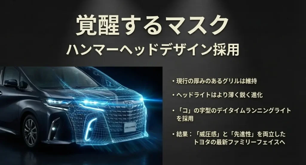 ヴェルファイア 2026 フロントデザイン ハンマーヘッド デイタイムランニングライト