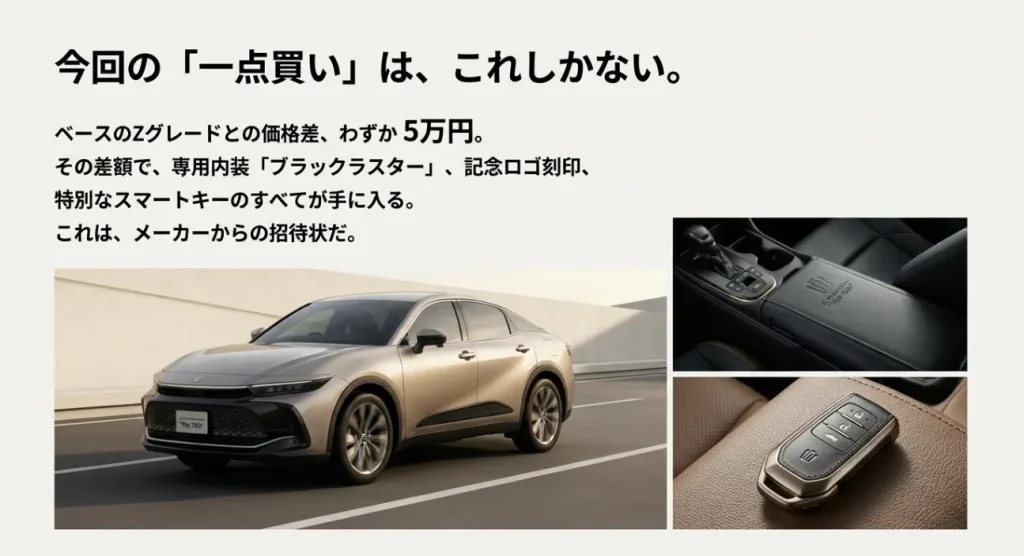 クラウンクロスオーバーThe 70thの専用ブラックラスター内装、アームレストの記念ロゴ刻印、専用スマートキー、外観のまとめ画像
