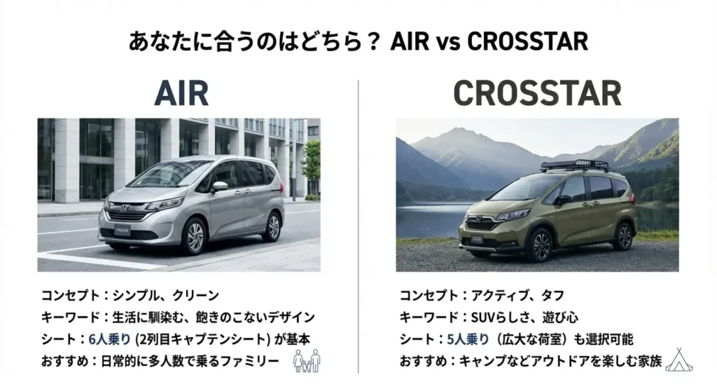新型フリードAIR（エアー）とCROSSTAR（クロスター）のデザインと特徴の比較