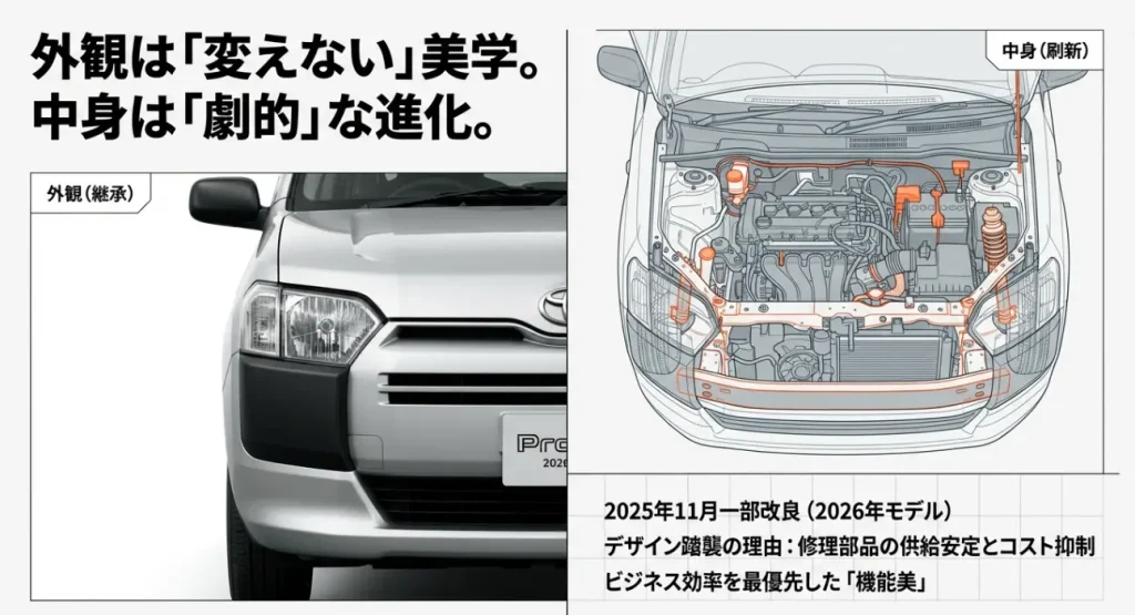  変わらない外観デザインと刷新されたエンジンルーム内部の比較図