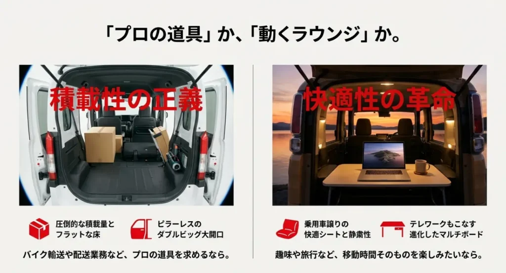 軽商用車の比較。積載性を重視した「プロの道具」と、快適性を重視した「動くラウンジ」としてのスペーシアの違いを示すイメージ図。