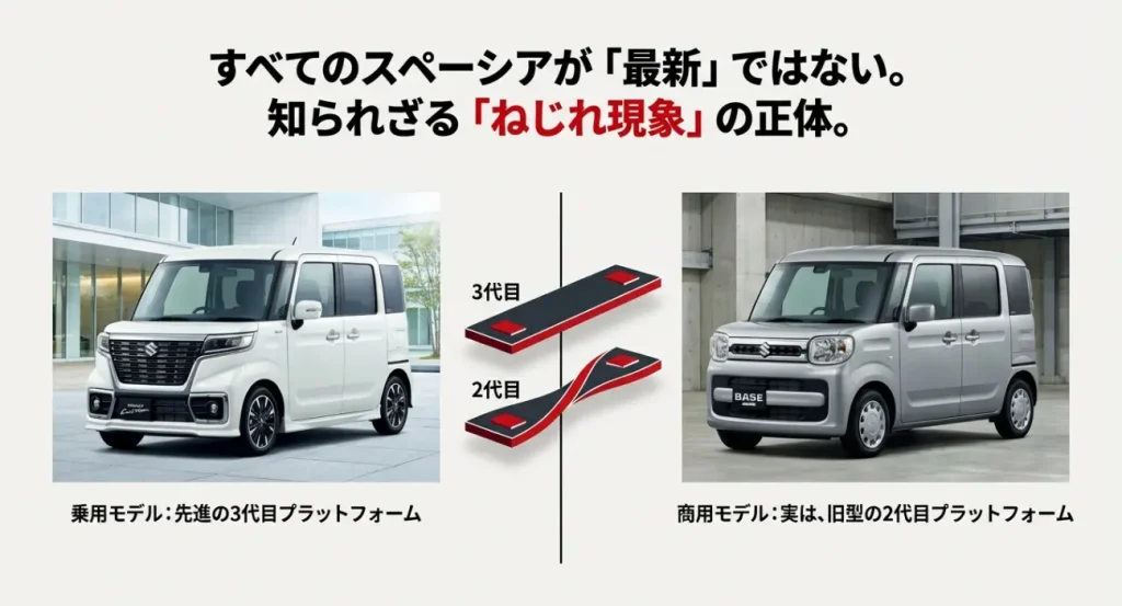 スペーシアの乗用モデル（3代目プラットフォーム）と商用モデルBASE（2代目プラットフォーム）の「ねじれ現象」解説図。3代目と2代目の構造的な違い。