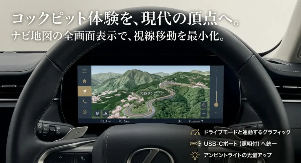 ナビ地図全画面表示とUSB-Cポート統一など内装の改良点