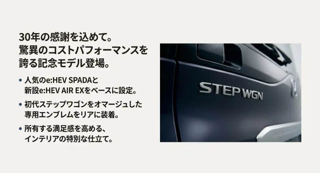 ステップワゴン 30周年記念特別仕様車 初代ステップワゴンをオマージュした30周年記念車の専用エンブレムと特別装備の概要。