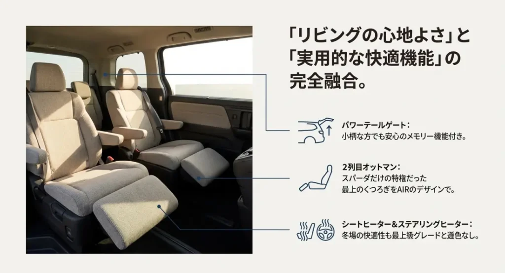 AIR EXの内装 オットマンとパワーテールゲート ステップワゴン AIR EXのインテリア特徴。2列目オットマン、パワーテールゲート、シートヒーターなどの快適装備。