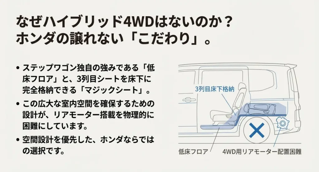 ステップワゴン ハイブリッドに4WDがない理由 ステップワゴンの低床フロアと3列目床下格納構造により、ハイブリッド用リアモーター配置が困難であることを示す構造図。