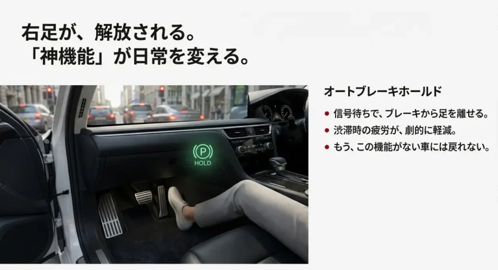 信号待ちでブレーキから足が離せるオートブレーキホールド機能