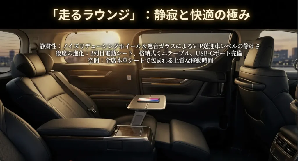 ノイズリデューシングホイールや遮音ガラスによる静粛性、2列目電動シート、格納式ミニテーブルなどの快適装備一覧。