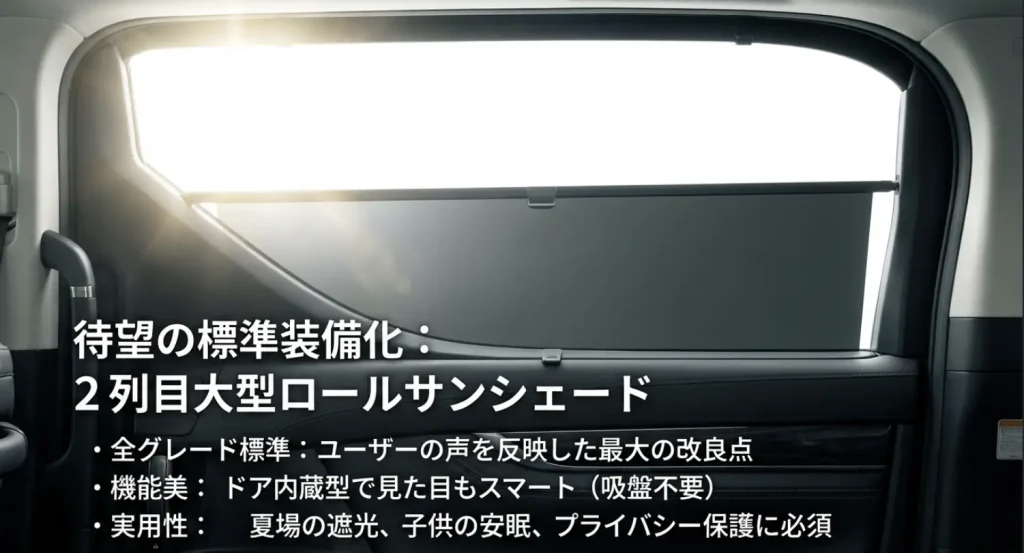 全グレード標準装備となったドア内蔵型大型ロールサンシェード。機能美と実用性（遮光、プライバシー保護）の解説。