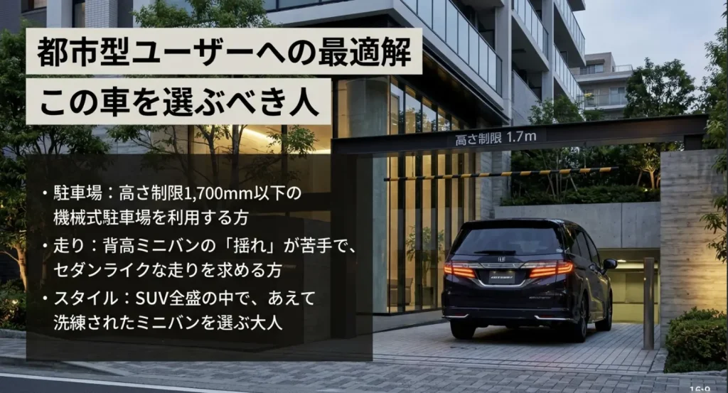 高さ制限1,700mm以下の駐車場を利用する都市型ユーザーや、セダンライクな走りを求める層に向けた推奨ポイント。