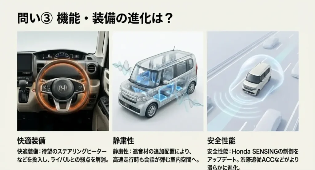 ステアリングヒーターなど快適装備の進化 N-BOXのインテリア画像とステアリングヒーター、静粛性向上、安全性能のアップデート解説