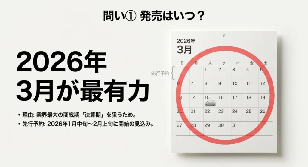 2026年3月発売予想カレンダー N-BOXマイナーチェンジの発売時期が2026年3月と予測されるカレンダーと先行予約スケジュール
