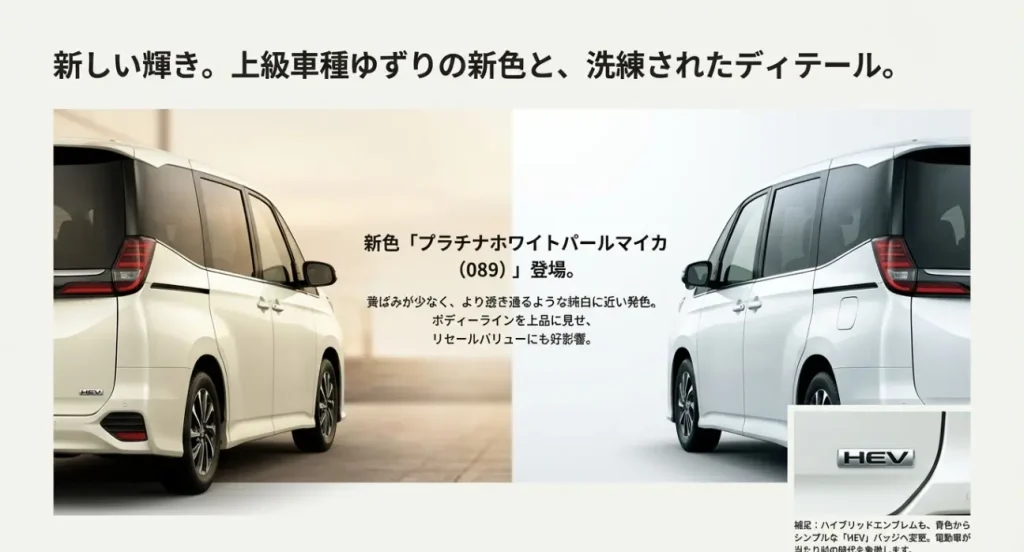 新型ノアの新色プラチナホワイトパールマイカのリアビュー画像と、変更されたシンプルなHEVバッジのクローズアップ写真。
