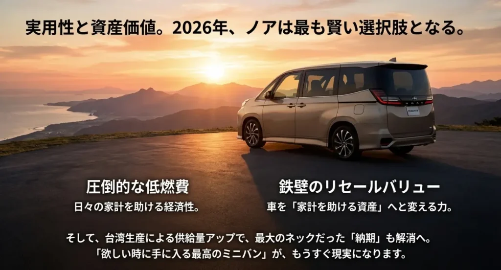 ノアの実用性と資産価値、そして台湾生産による納期解消をまとめたスライド。「欲しい時に手に入る最高のミニバン」というキャッチコピー。