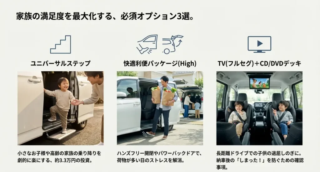 ノアのおすすめオプション画像。ユニバーサルステップを使用する子供、パワーバックドアで荷物を積む男性、後席ディスプレイでテレビを見る子供たちの写真。
