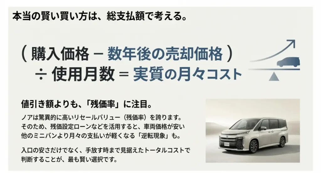 ノアの資産価値上昇イメージ図。購入価格と売却価格の差額（実質コスト）で考えることの重要性と、残価率の高さを説明するスライド。
