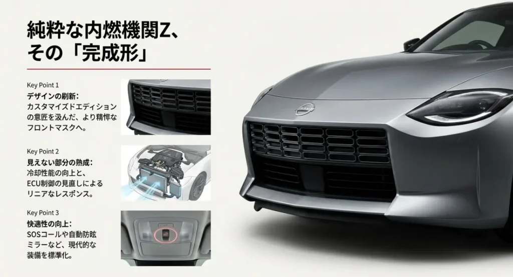 2026年モデルの主な変更点:デザイン刷新と冷却性能向上 フェアレディZ 2026年モデルの新フロントグリルデザイン、冷却システム、自動防眩ミラーの解説