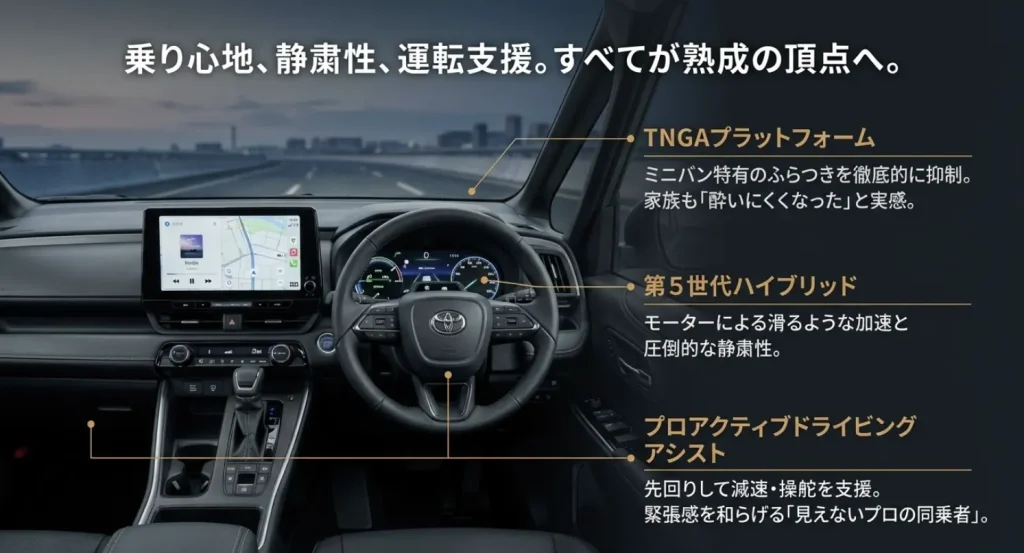 TNGAプラットフォームによるふらつき抑制と、第5世代ハイブリッドシステム、プロアクティブドライビングアシストの特徴解説
