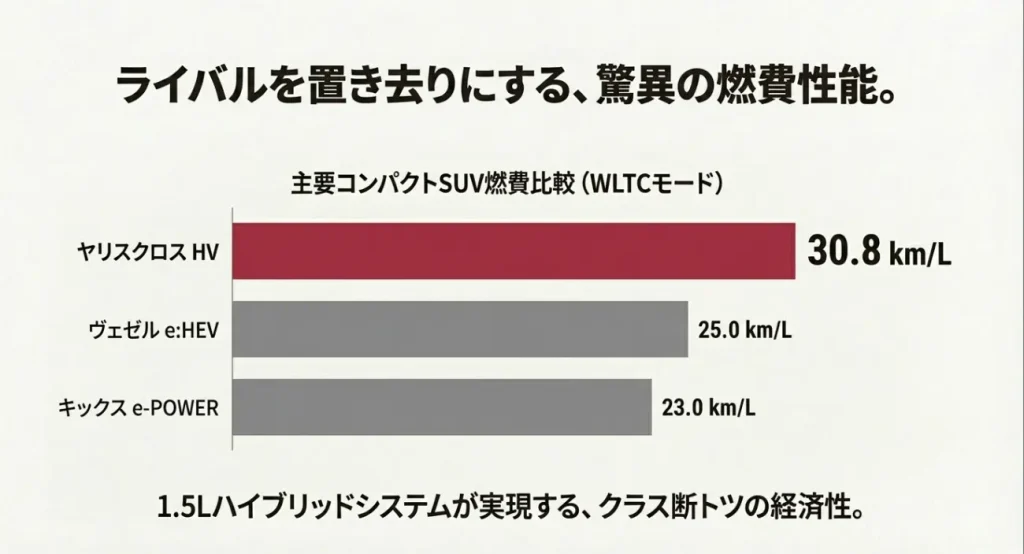 ヤリスクロスHVの燃費30.8km/Lとライバル車（ヴェゼル・キックス）の燃費性能比較
