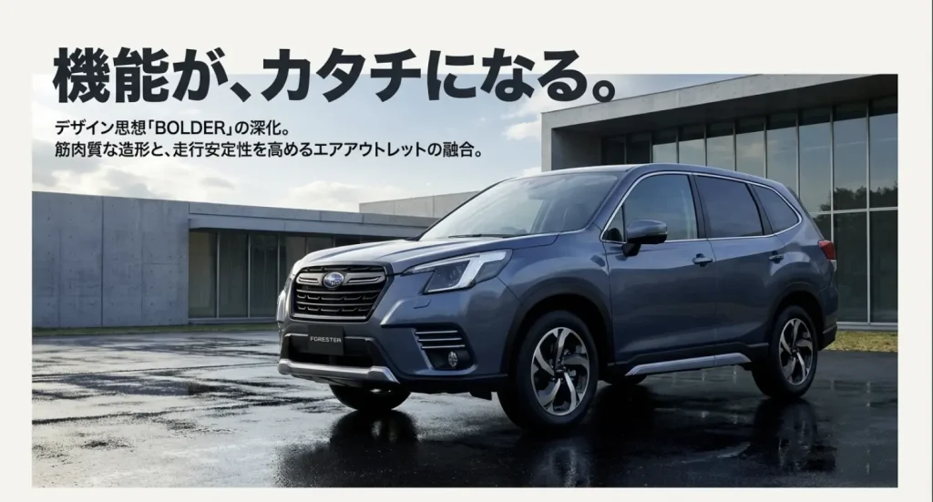 2026年型フォレスター 外装デザイン BOLDER 「機能が、カタチになる。」というコピーと共に、新型フォレスターの筋肉質なフロントデザインとエアアウトレットを紹介する画像。
