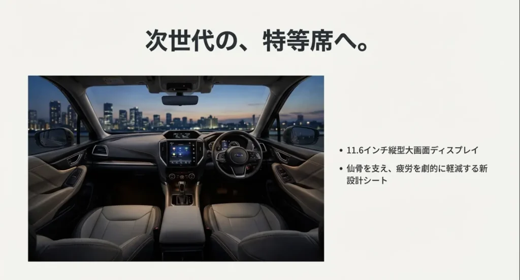 新型フォレスター 内装 11.6インチ大型ディスプレイ 11.6インチの縦型センターディスプレイを備えたインテリアと、疲労を軽減する新設計シートを紹介する画像。