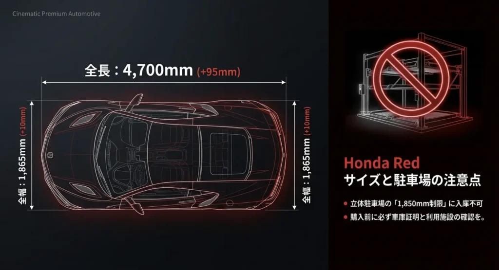 新型CR-Vの全幅1865mmのサイズ図と一般的な立体駐車場に入庫できないことを示す禁止マーク