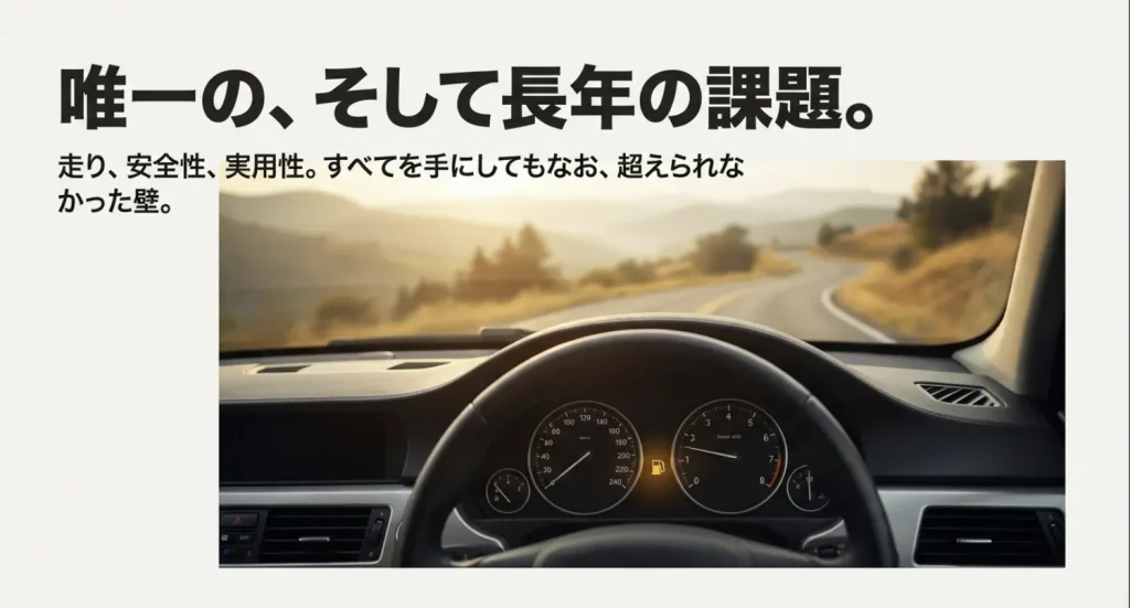 フォレスター 長年の課題 燃費性能の壁 運転席のメーター画像と共に「唯一の、そして長年の課題。超えられなかった壁」というテキストで、従来の燃費課題を示唆する画像。