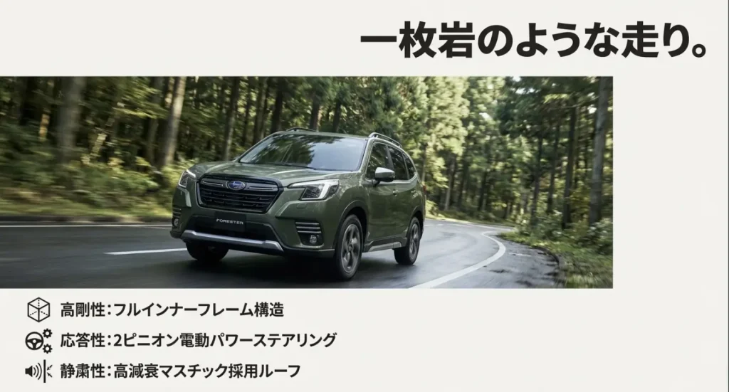 新型フォレスター SGPフルインナーフレーム構造と走行性能 「一枚岩のような走り」というコピーと共に、フルインナーフレーム構造や電動パワーステアリングによる走行性能向上を解説した画像。