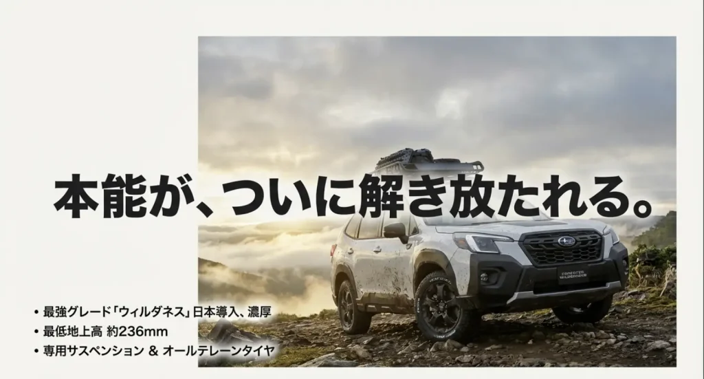 フォレスター ウィルダネス 日本導入スペック 「本能が、ついに解き放たれる」というコピーと共に、最低地上高236mmを誇るウィルダネスのオフロード走行イメージ。