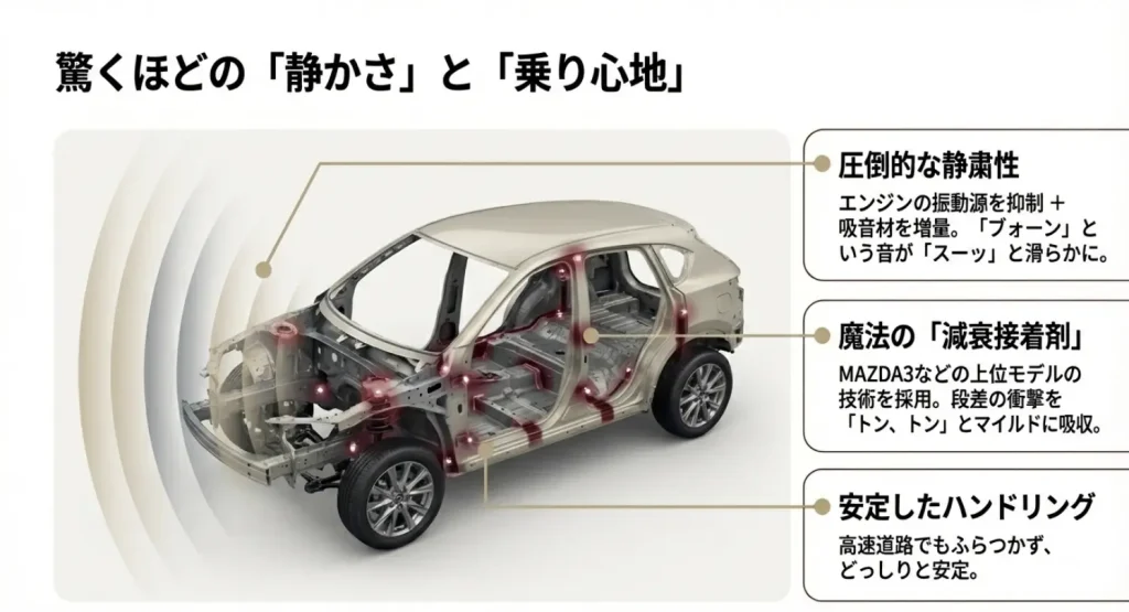 車体フレームの構造図。エンジンの振動抑制、吸音材の増量、減衰接着剤の塗布ポイントを示し、静かさと乗り心地の向上を解説。