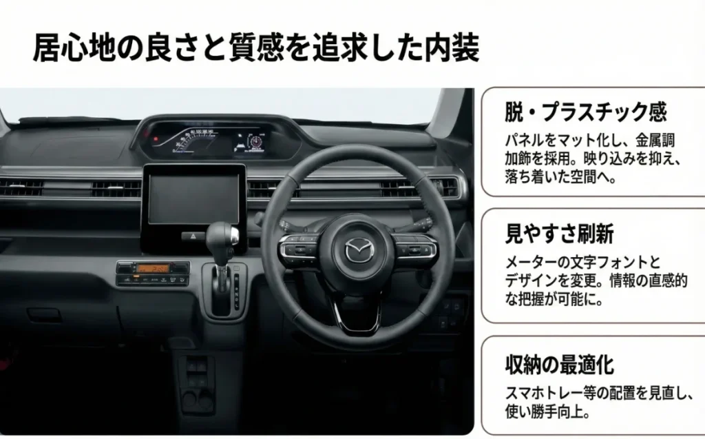 新型フレアのインテリア全景。マット化されたパネル、刷新されたメーターフォント、最適化された収納配置の解説。