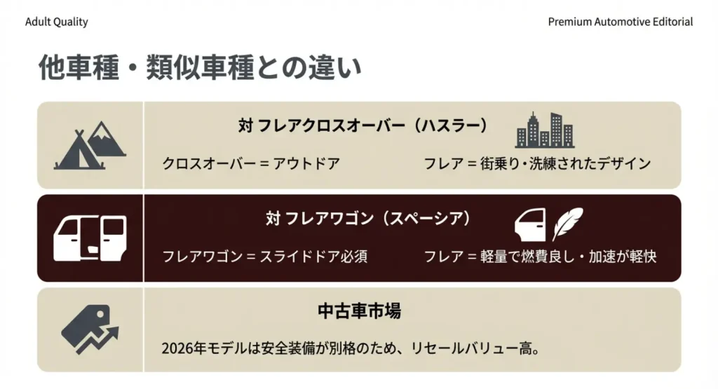 マツダフレアと、クロスオーバー（ハスラー）、フレアワゴン（スペーシア）の違いを解説。用途別の選び方と中古車市場での価値について。