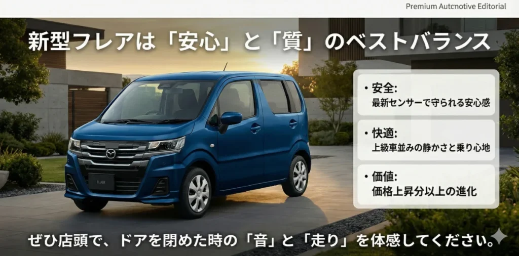 安全、快適、価値の3点における新型フレアの進化ポイントまとめ。「ドアを閉めた時の音と走りを体感してください」というメッセージ。