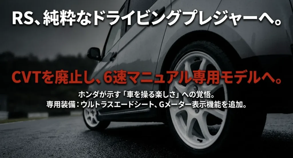 「RS、純粋なドライビングプレジャーへ」というキャッチコピー。CVTを廃止し6速MT専用モデルとなったこと、ウルトラスエードシート等の専用装備を解説するスライド