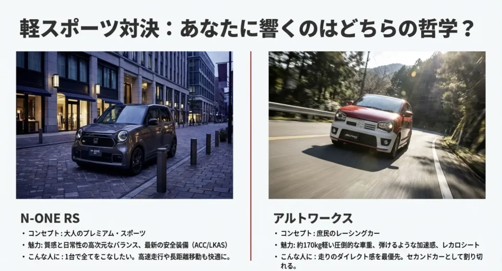 ホンダN-ONE RSとスズキアルトワークスの比較写真。「大人のプレミアム・スポーツ」と「庶民のレーシングカー」というそれぞれのコンセプトとターゲット層の違いを解説