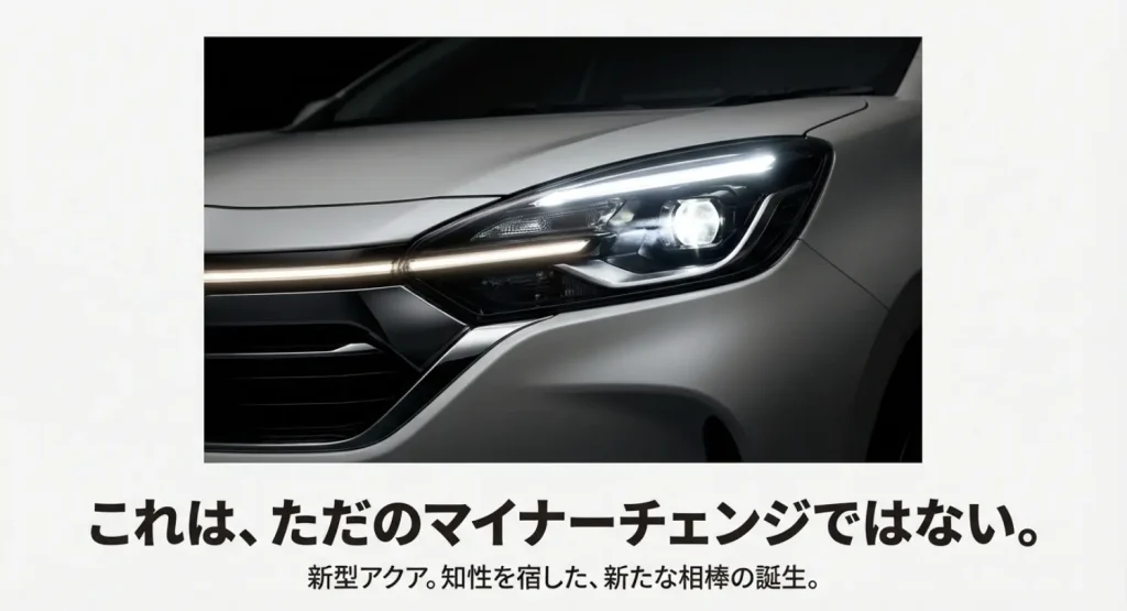 新型アクア2026年モデルのハンマーヘッドデザインを採用したヘッドライトとフロントマスク